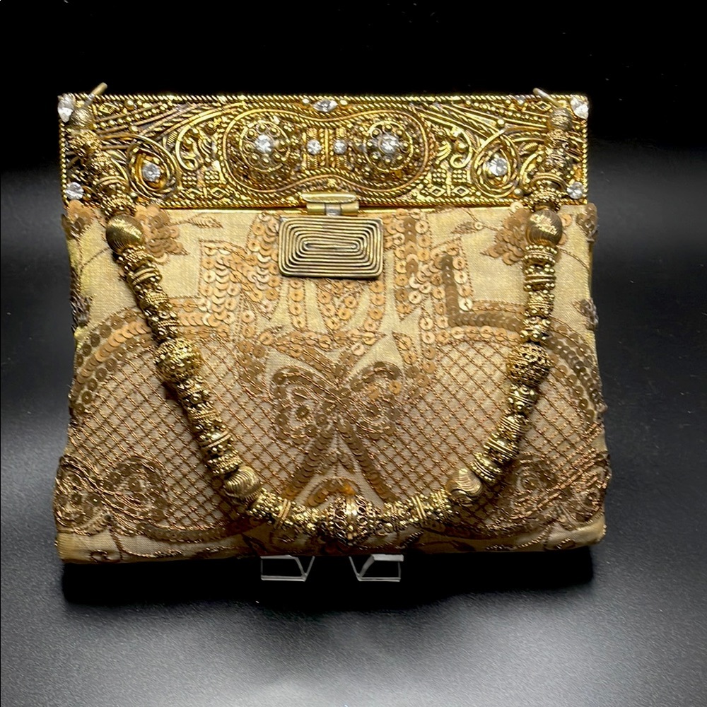 MEERA MAHADEVIA~EVENING BAG~EMBROIDERED/BEADED BY HAND ON GOLD SILK